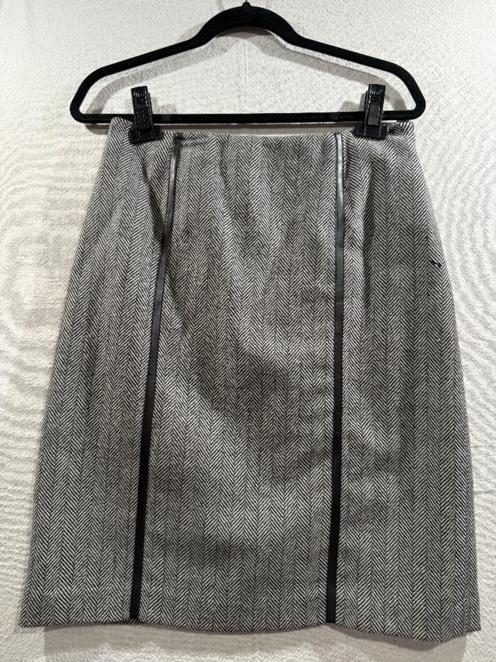 Willi Smith Collection Herringbone Pencil Skirt Leather Trim Italian Fabric Size